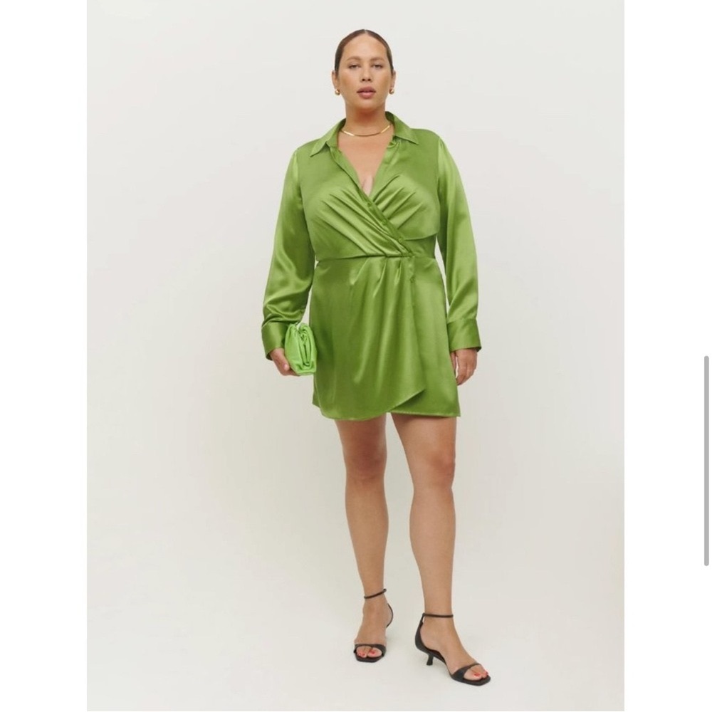 Reformation Alaine Silk Faux Wrap Dress in Avocado
